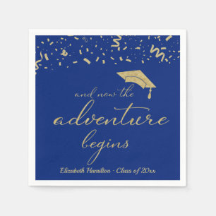 The Adventure Begins Gold Foil Blue Grad Party Napkin