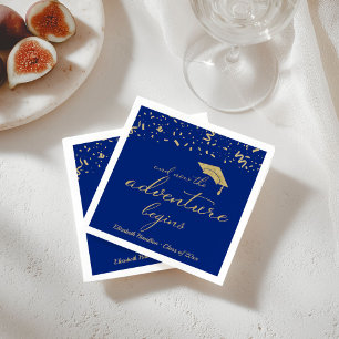 The Adventure Begins Gold Foil Blue Grad Party Napkin