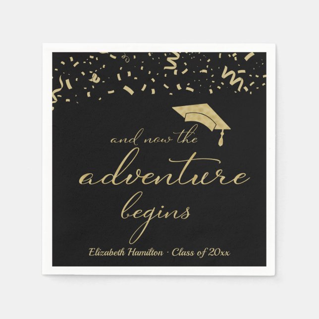 The Adventure Begins Gold Foil Graduation Party Napkin (Front)
