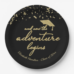 The Adventure Begins Gold Foil Graduation Party Paper Plate