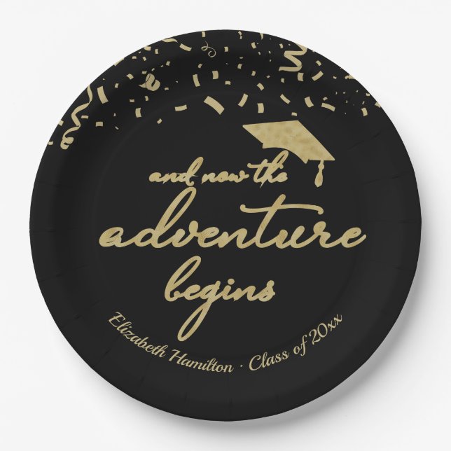 The Adventure Begins Gold Foil Graduation Party Paper Plate (Front)