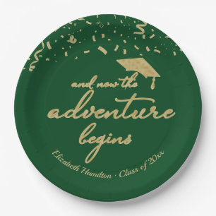 The Adventure Begins Gold Foil Green Grad Party Paper Plate