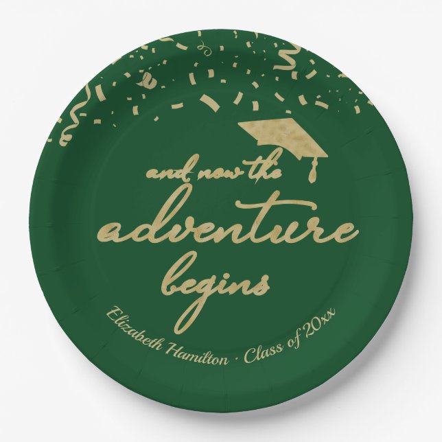 The Adventure Begins Gold Foil Green Grad Party Paper Plate (Front)