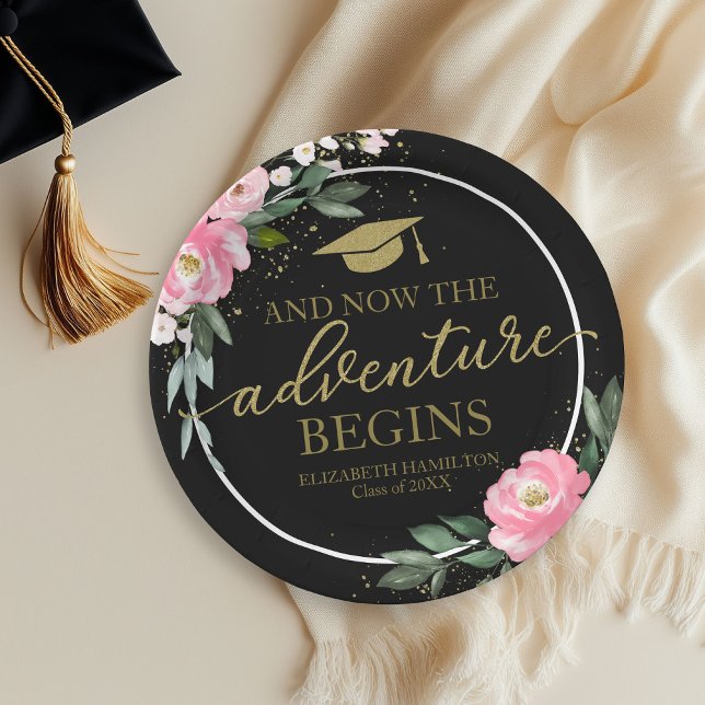 The Adventure Begins Hot Pink Floral Grad Party Paper Plate (Creator Uploaded)