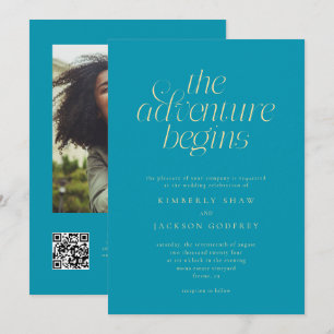 The Adventure Begins Minimal Aqua Blue Wedding Invitation