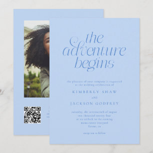 The Adventure Begins Minimal Icy Blue Wedding Invitation