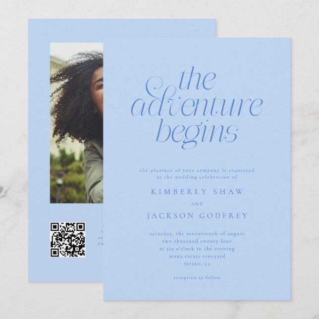 The Adventure Begins Minimal Icy Blue Wedding  Invitation (Front/Back)
