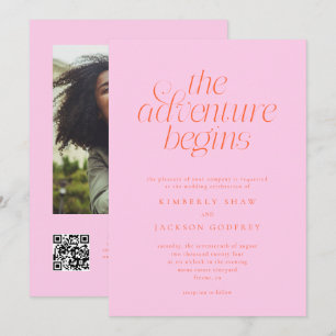 The Adventure Begins Minimal Orange Pink Wedding Invitation