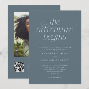 The Adventure Begins Minimal Slate Blue Wedding Invitation