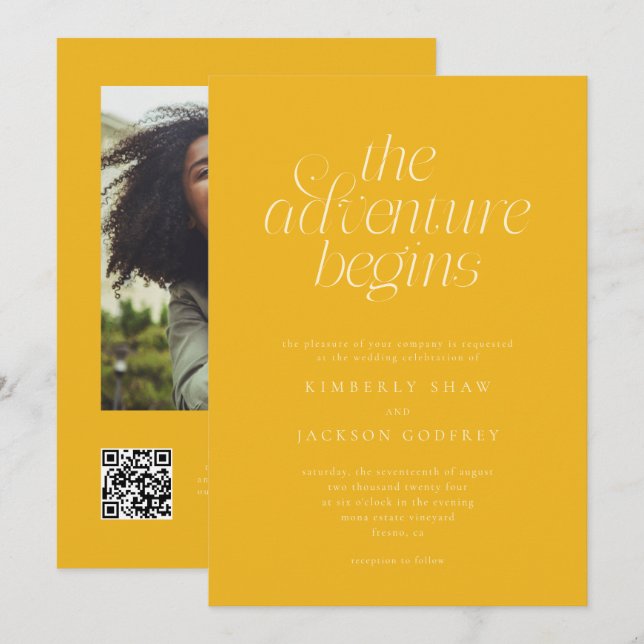 The Adventure Begins Minimal Yellow Wedding  Invitation (Front/Back)