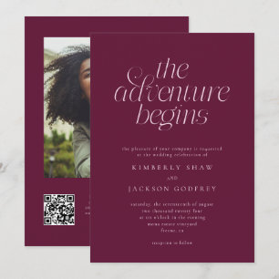The Adventure Begins Minimalist Cranberry Wedding Invitation