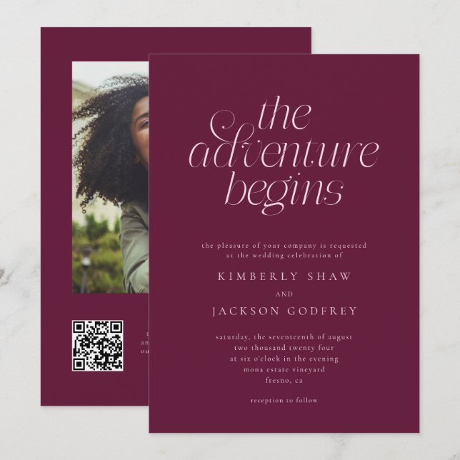 The Adventure Begins Minimalist Cranberry Wedding  Invitation (Front/Back)