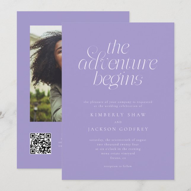 The Adventure Begins Minimalist Violet Wedding  Invitation (Front/Back)