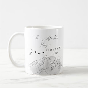 the adventure begins mountain illustration wedding coffee mug