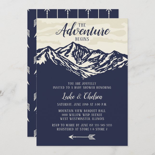 The Adventure Begins Mountain Rustic Baby Shower Invitation (Front/Back)