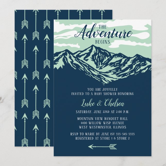 The Adventure Begins Mountain Rustic Baby Shower Invitation (Front/Back)