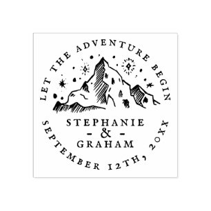 The Adventure Begins Mountain Sketch Wedding Date Rubber Stamp