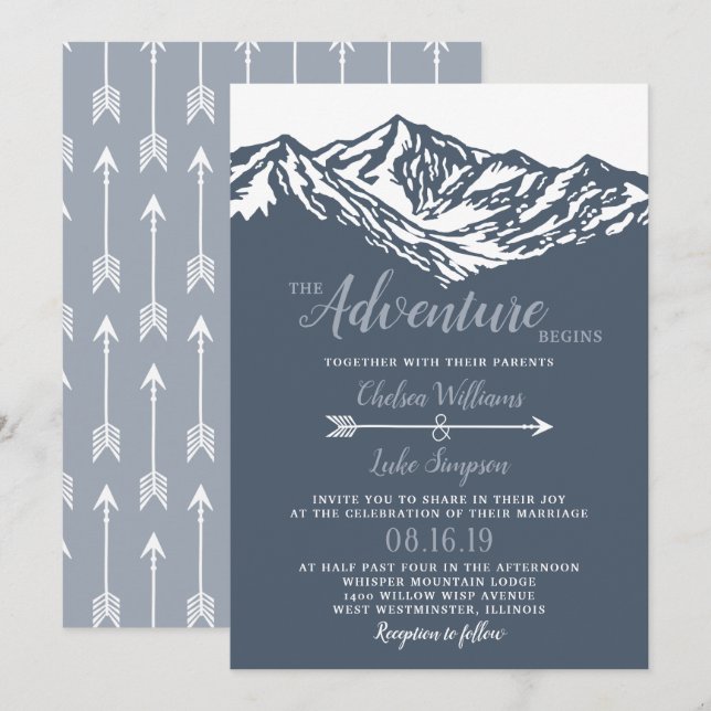 The Adventure Begins Mountain Wedding Dusty Blue Invitation (Front/Back)