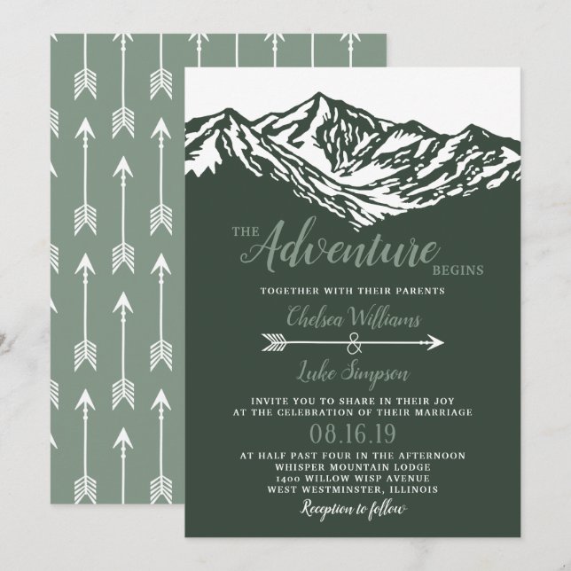 The Adventure Begins Mountain Wedding Green Invitation (Front/Back)