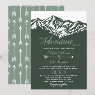 The Adventure Begins Mountain Wedding Green Invitation