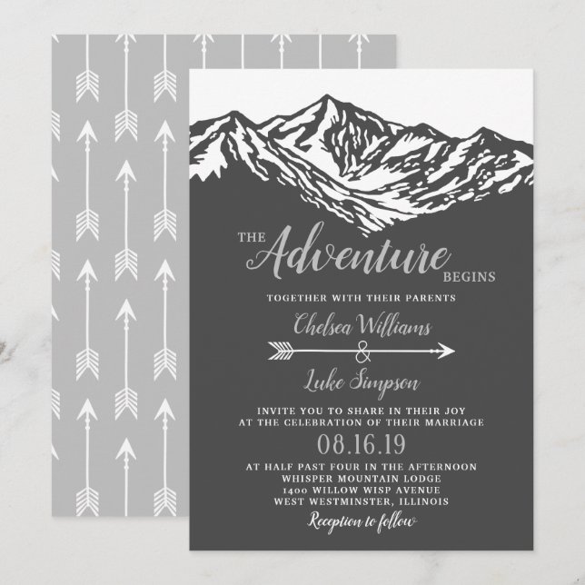 The Adventure Begins Mountain Wedding Grey Invitation (Front/Back)