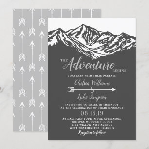 The Adventure Begins Mountain Wedding Grey Invitation