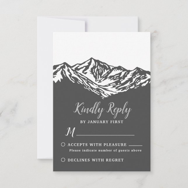The Adventure Begins Mountain Wedding Grey RSVP (Front)