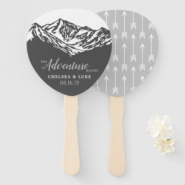 The Adventure Begins Mountain Wedding Hand Fan (Front and Back)