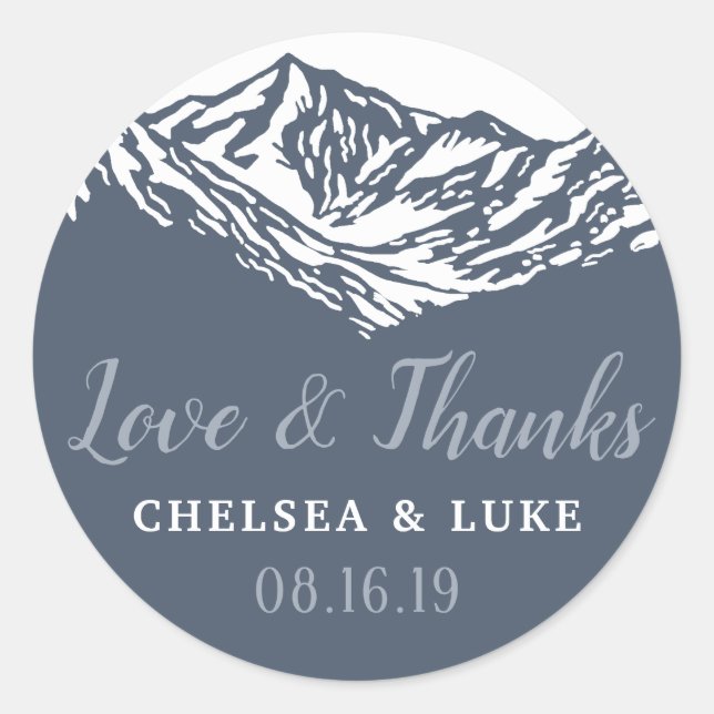 The Adventure Begins Mountain Wedding Thank You Classic Round Sticker (Front)