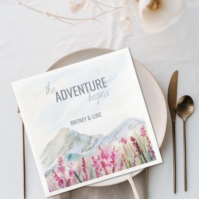 The Adventure Begins Mountain Wedding Watercolor Napkin (Mountain wedding dinner napkins)