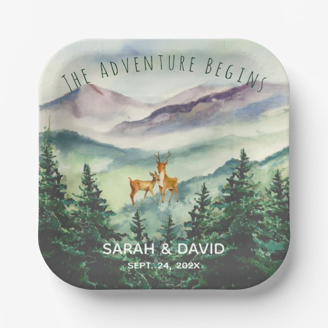 The Adventure Begins Mountains Deer Forest Wedding Paper Plate (Front)