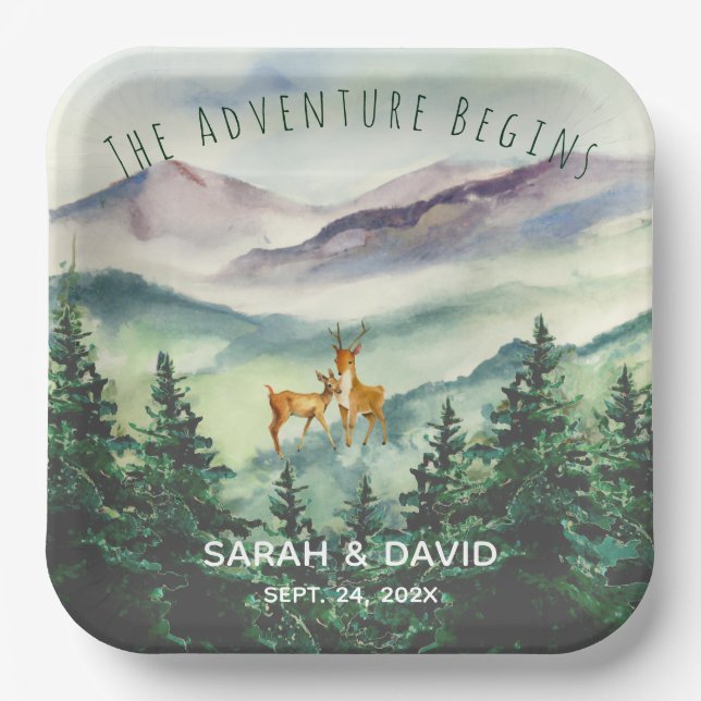 The Adventure Begins Mountains Deer Forest Wedding Paper Plate (Front)