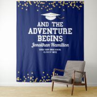 The Adventure Begins Navy Blue Grad Party Backdrop