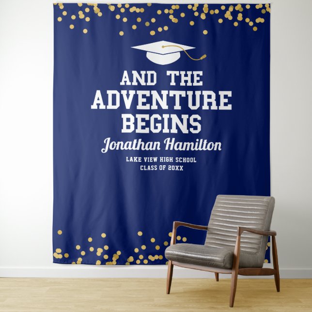 The Adventure Begins Navy Blue Grad Party Backdrop Tapestry (In Situ)