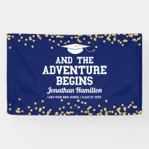 The Adventure Begins Navy Blue Grad Party Banner