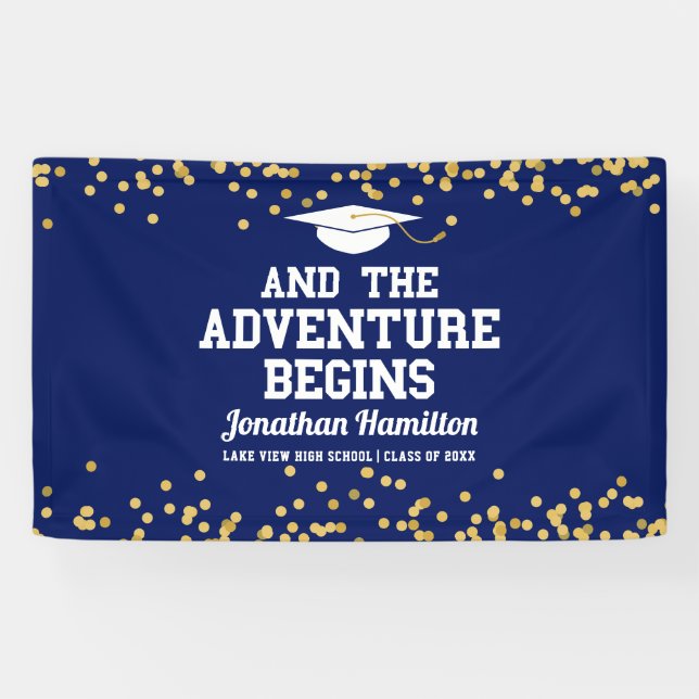 The Adventure Begins Navy Blue Grad Party Banner (Horizontal)