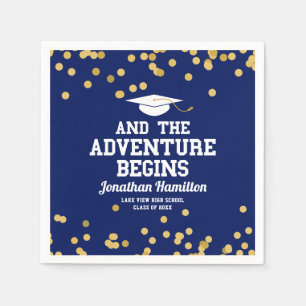 The Adventure Begins Navy Blue Grad Party Napkin