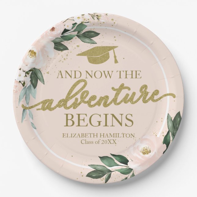 The Adventure Begins Pink Blush Floral Grad Party Paper Plate (Front)