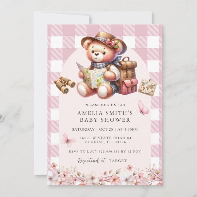 The Adventure Begins Pink Cute Bear Baby Shower  Invitation (Front)