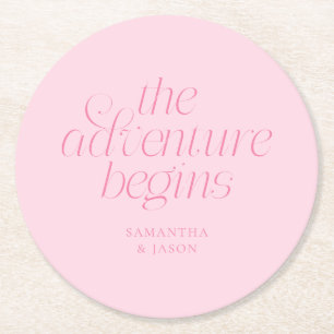The Adventure Begins Pink Wedding Round Paper Coaster