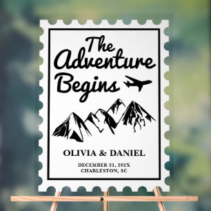 The Adventure Begins Postage Stamp Wedding Welcome Acrylic Sign
