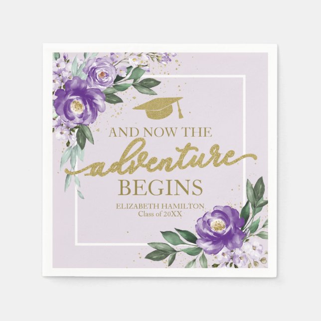 The Adventure Begins Purple Floral Grad Party Napkin (Front)
