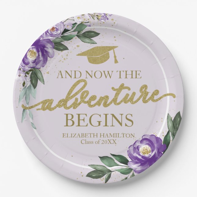 The Adventure Begins Purple Floral Grad Party Paper Plate (Front)