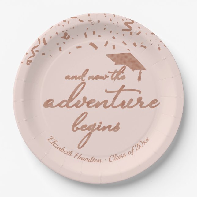 The Adventure Begins Rose Gold Graduation Party Paper Plate (Front)
