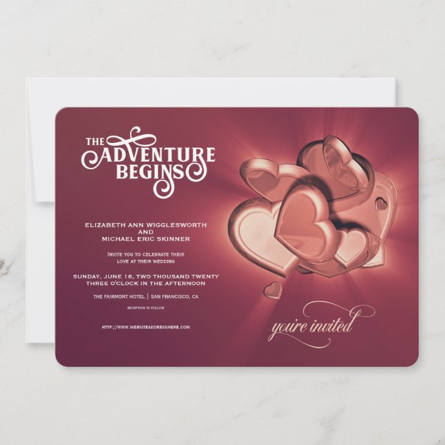 The Adventure Begins Rose Gold Hearts Invitation (Front)