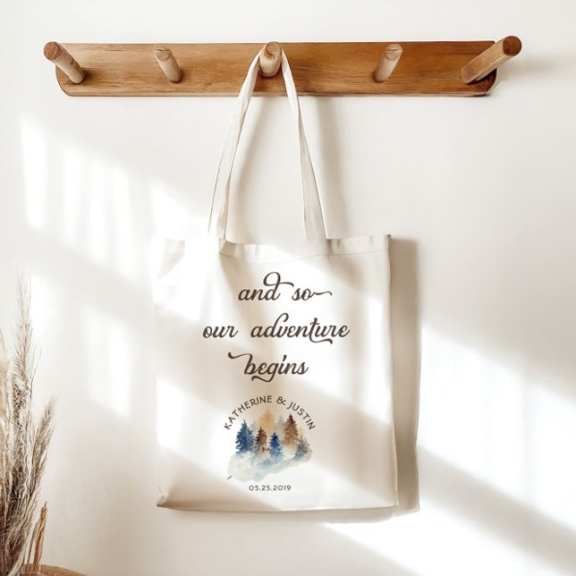 The Adventure Begins Rustic Mountain Wedding Tote Bag (Creator Uploaded)