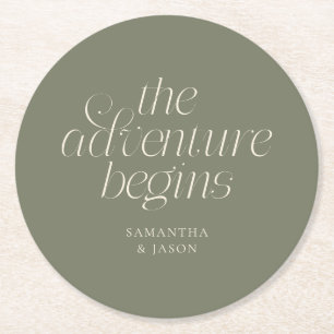 The Adventure Begins Sage Green Wedding Round Paper Coaster