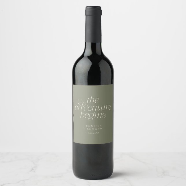 The Adventure Begins Sage Green Wedding Wine Label (Front)