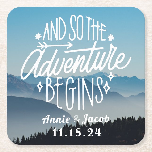 The Adventure Begins Save the Date Square Paper Coaster (Front)