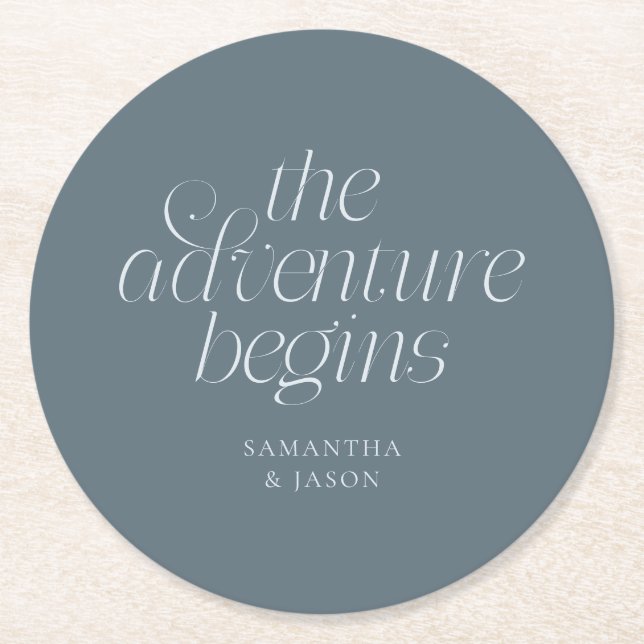 The Adventure Begins Slate Blue Wedding Round Paper Coaster (Front)